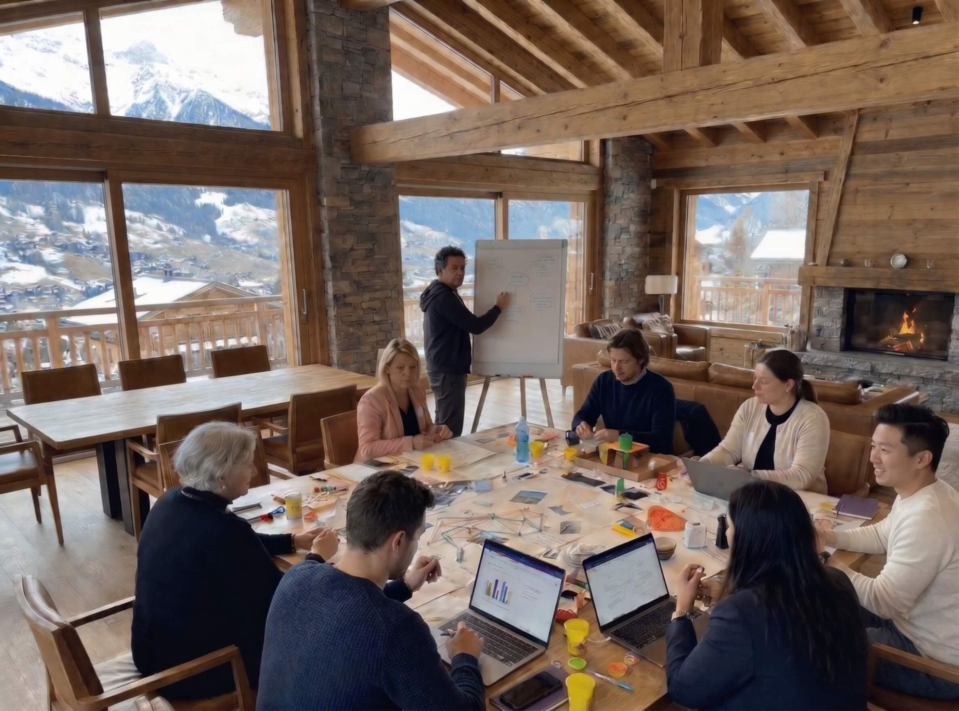 Workshop session around a table in an alpine chalet with mountain views