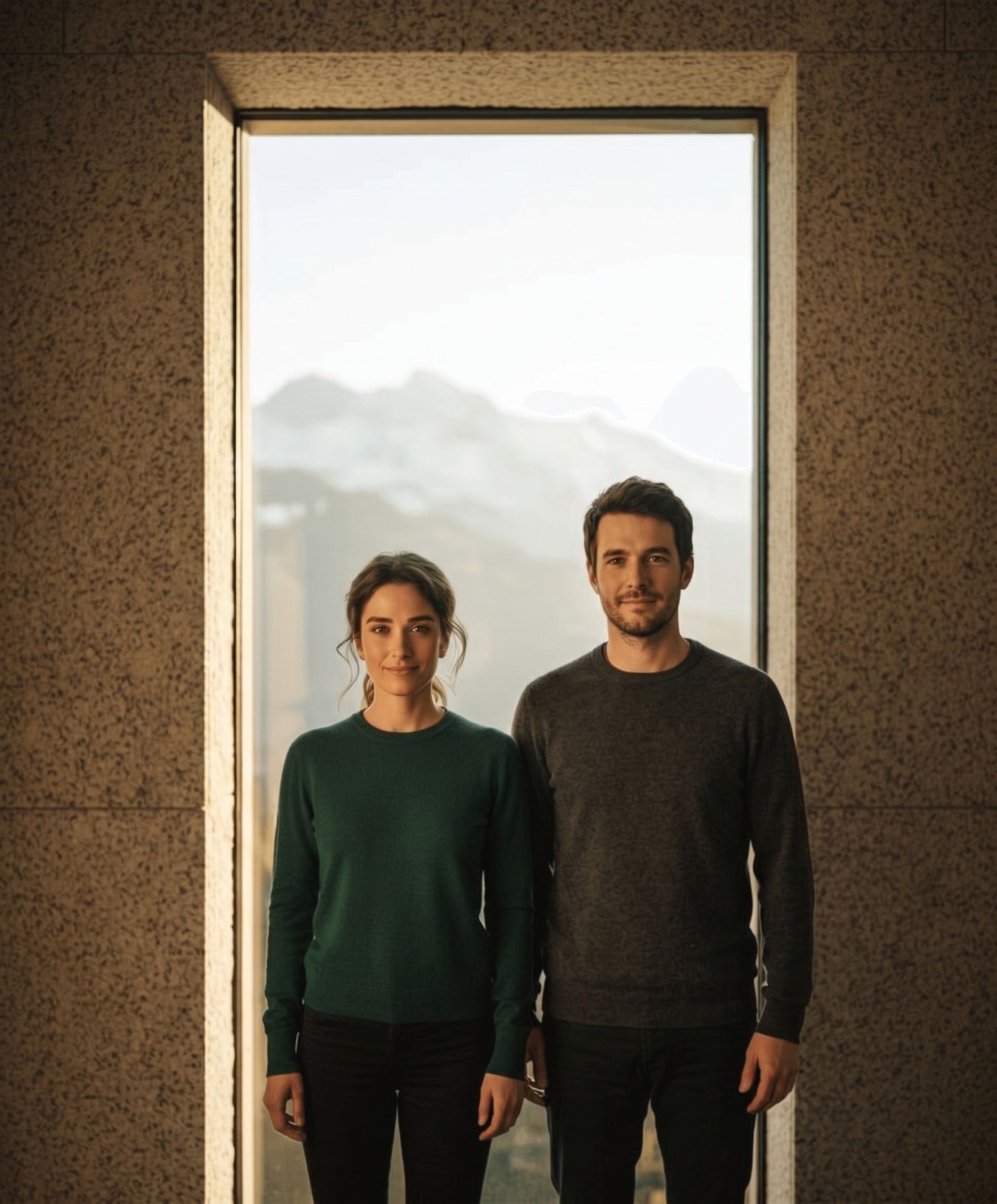 Two founders standing together in front of a tall window overlooking misty mountains